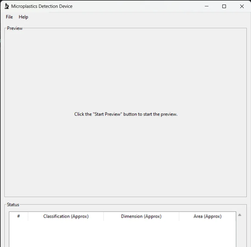 Microplastic detection prototype showing its empty image preview and results table.