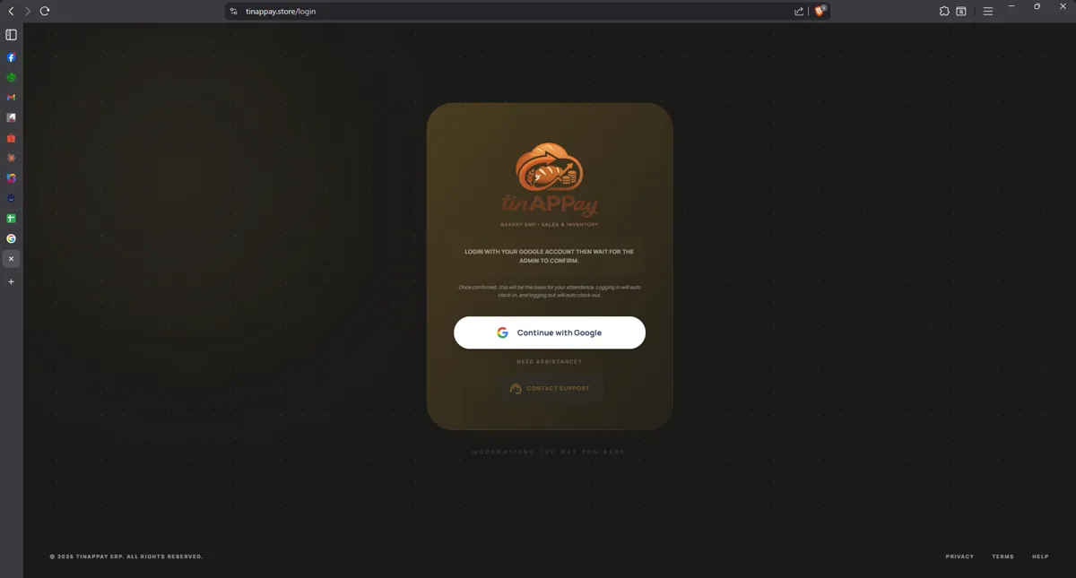 TinAPPay sign-in screen with Google authentication, captured from an earlier version.